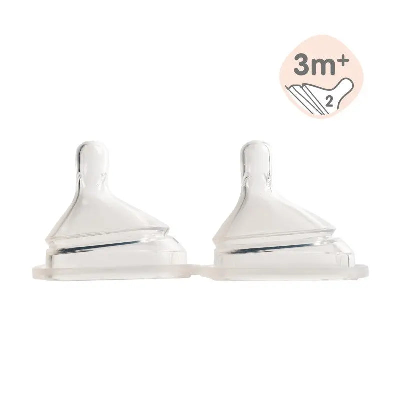 Hegen Teat 2 Pack clear silicone nipples for baby bottles; two nipples shown side by side for 3m+ feeding.