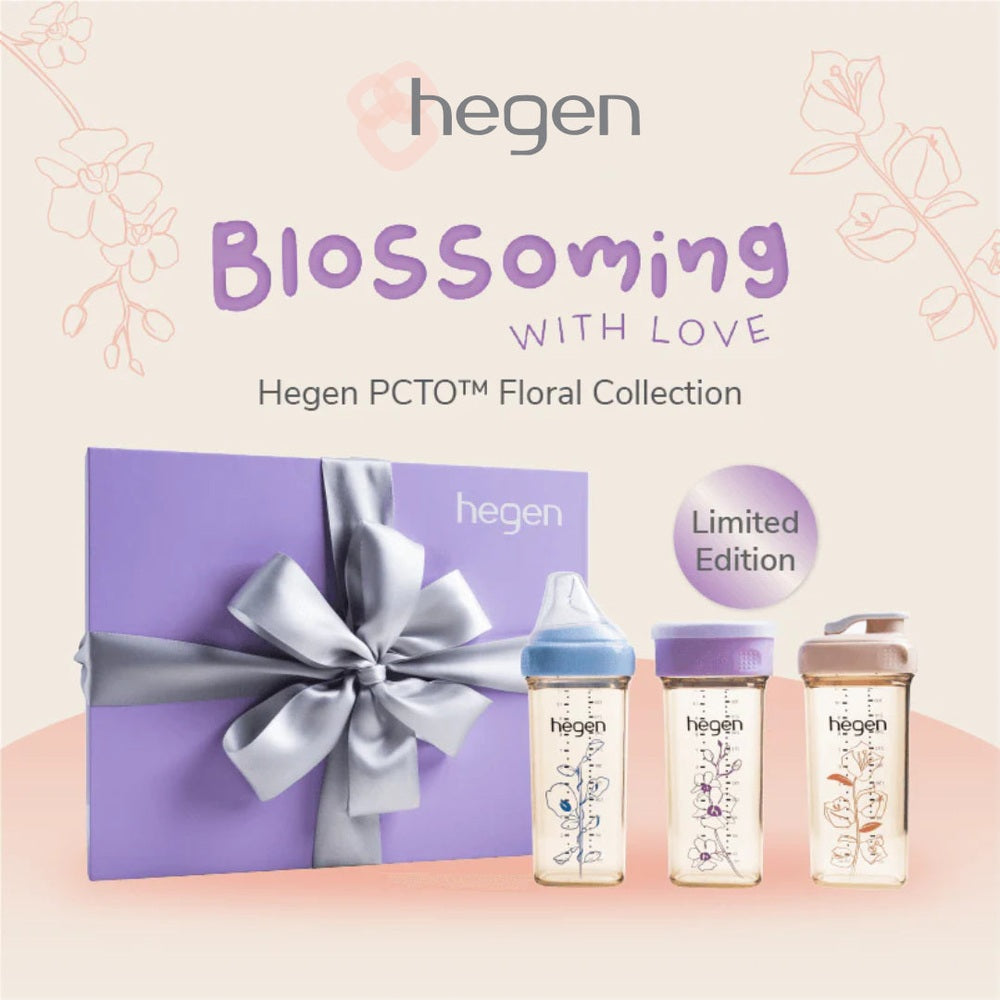 Hegen Blossom Bunny Bundle from Nest Designs; set of 3 floral baby bottles with purple gift box.