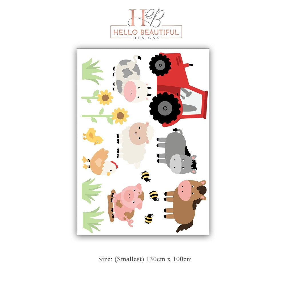 Barnyard animals nursery wall sticker sheet by Hello Beautiful Designs featuring a red tractor and cheerful farm animals