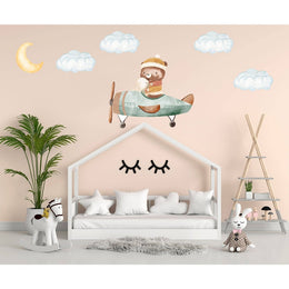 Hello Beautiful Designs Cute Bear And Bunny In Flying Green Plane With Clouds And Moon, Reusable Nursery Wall Stickers
