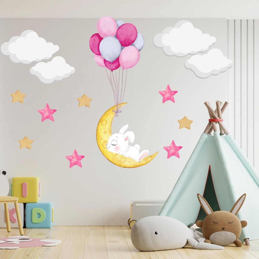 Hello Beautiful Designs sleeping white bunny on a crescent moon wall sticker with pastel balloons and stars