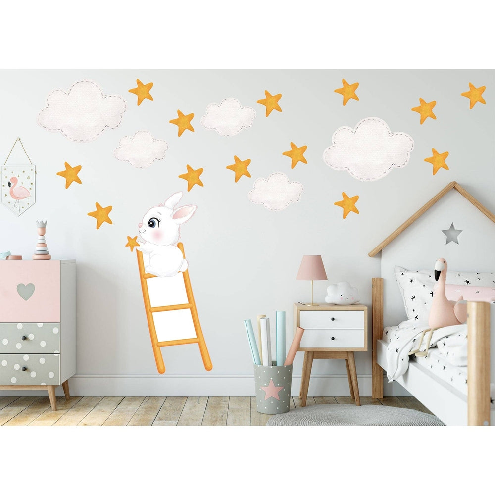 Hello Beautiful Designs extra large bunny on ladder and stars reusable nursery wall decals; white bunny, orange ladder, yellow stars.