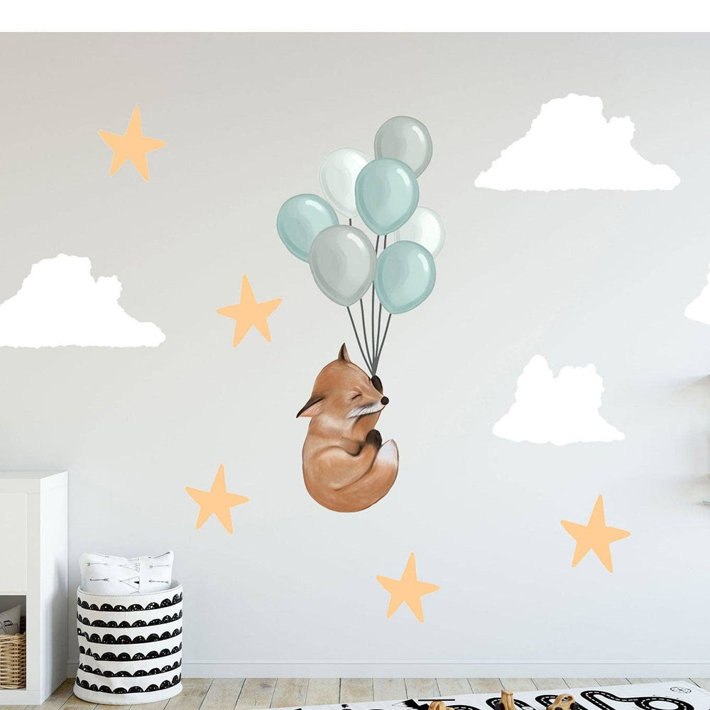 Hello Beautiful Designs fox and blue balloons nursery wall sticker with white clouds and peach stars