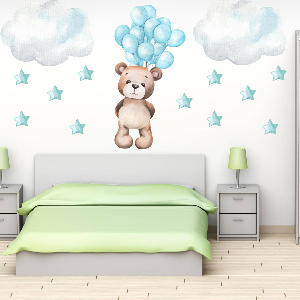 Hello Beautiful Designs Teddy Bear Floating With Balloons, Clouds And Stars, Reusable Nursery Wall Sticker Set