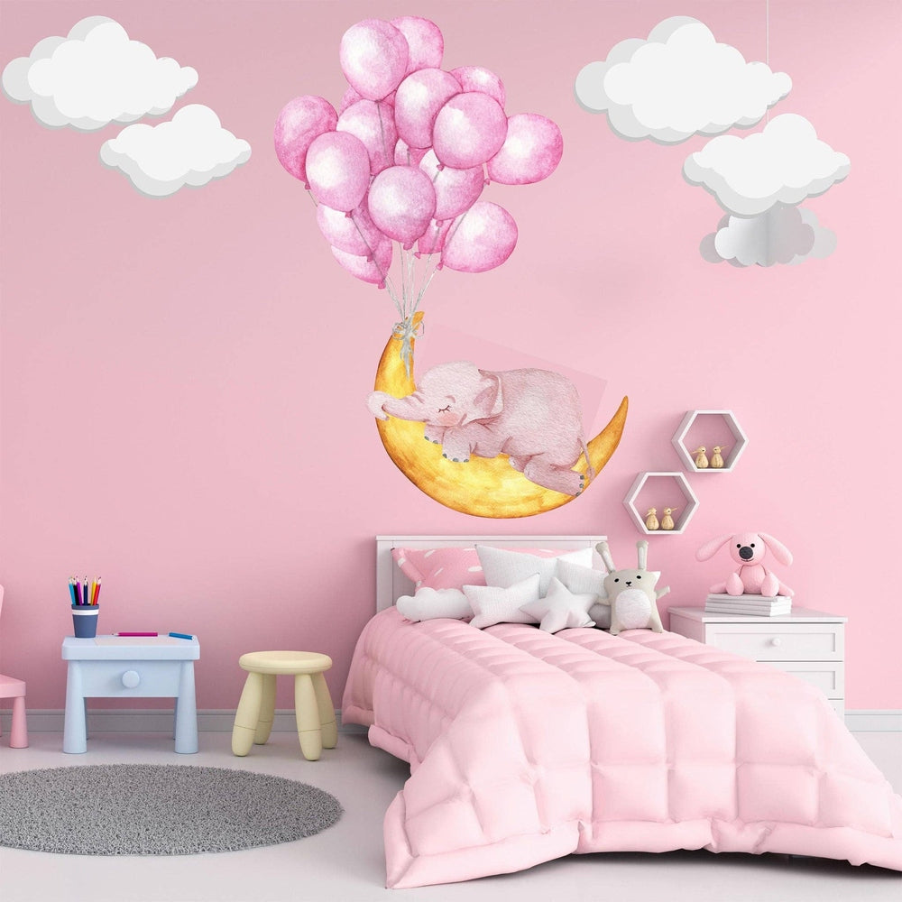 Sleeping elephant on moon nursery wall sticker by Hello Beautiful Designs, pink balloons and white clouds