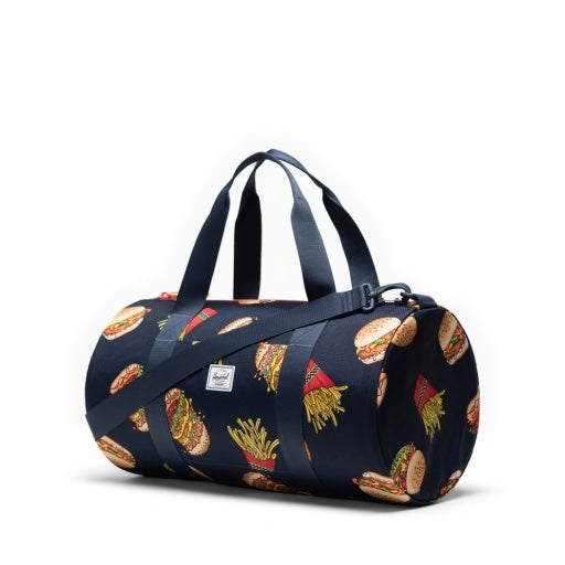 Herschel Classic Duffle Little Herschel in Burgers and Fries, three-quarter front view.