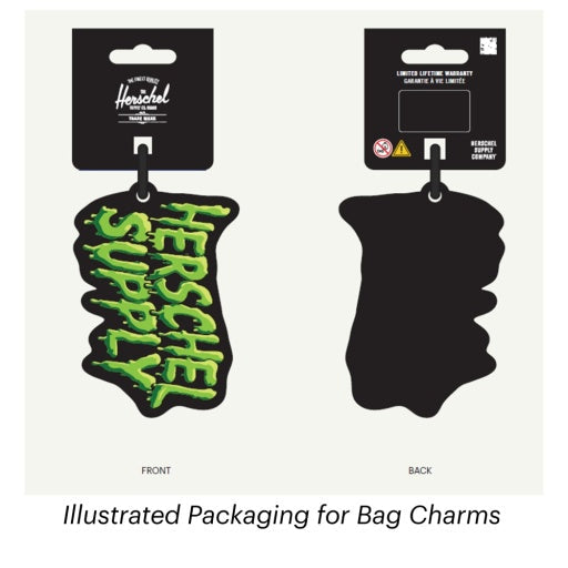 Herschel Dog Bag Charm in Brown Dog, illustrated front-and-back packaging view.