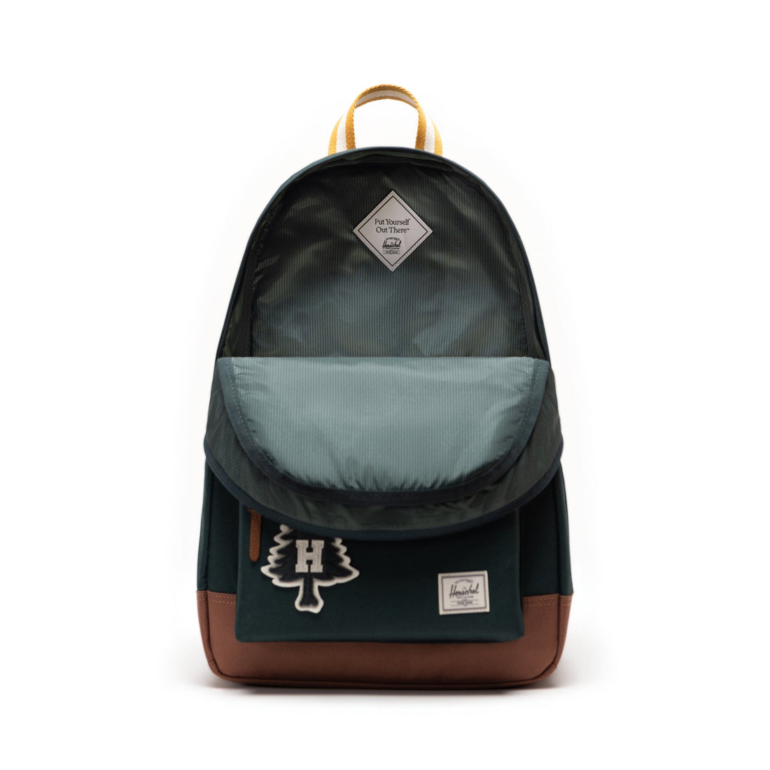 Herschel Heritage Backpack in Patches Green Gables, open main compartment view.