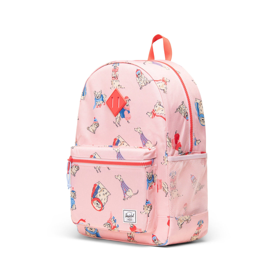 Herschel Heritage Youth Backpack in Fashion Dogs, three-quarter front view.