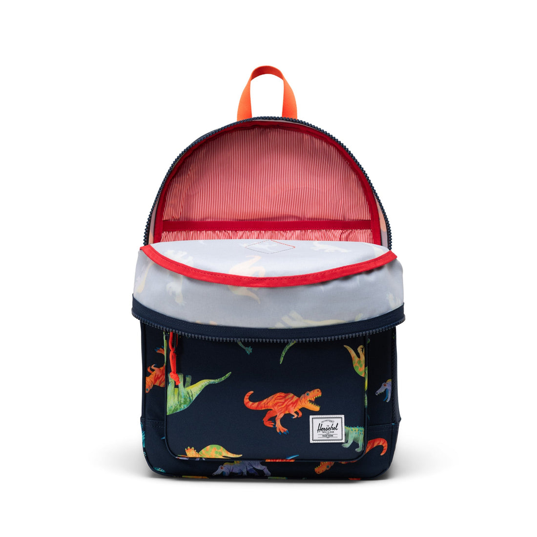 Herschel Heritage Youth Backpack in Watercolour Dinos Darkest Navy, open main compartment view.