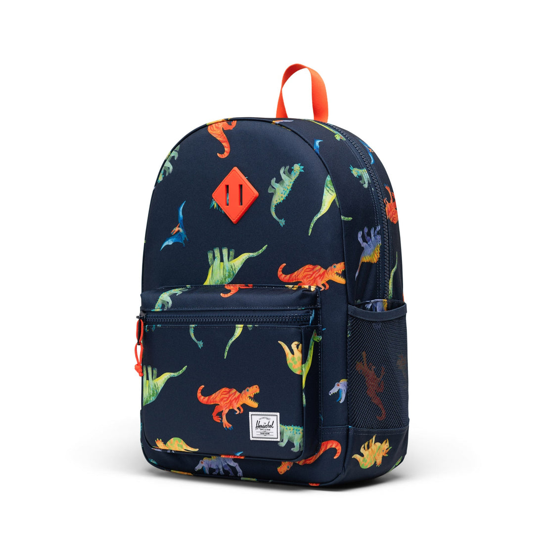 Herschel Heritage Youth Backpack in Watercolour Dinos Darkest Navy, three-quarter front view.