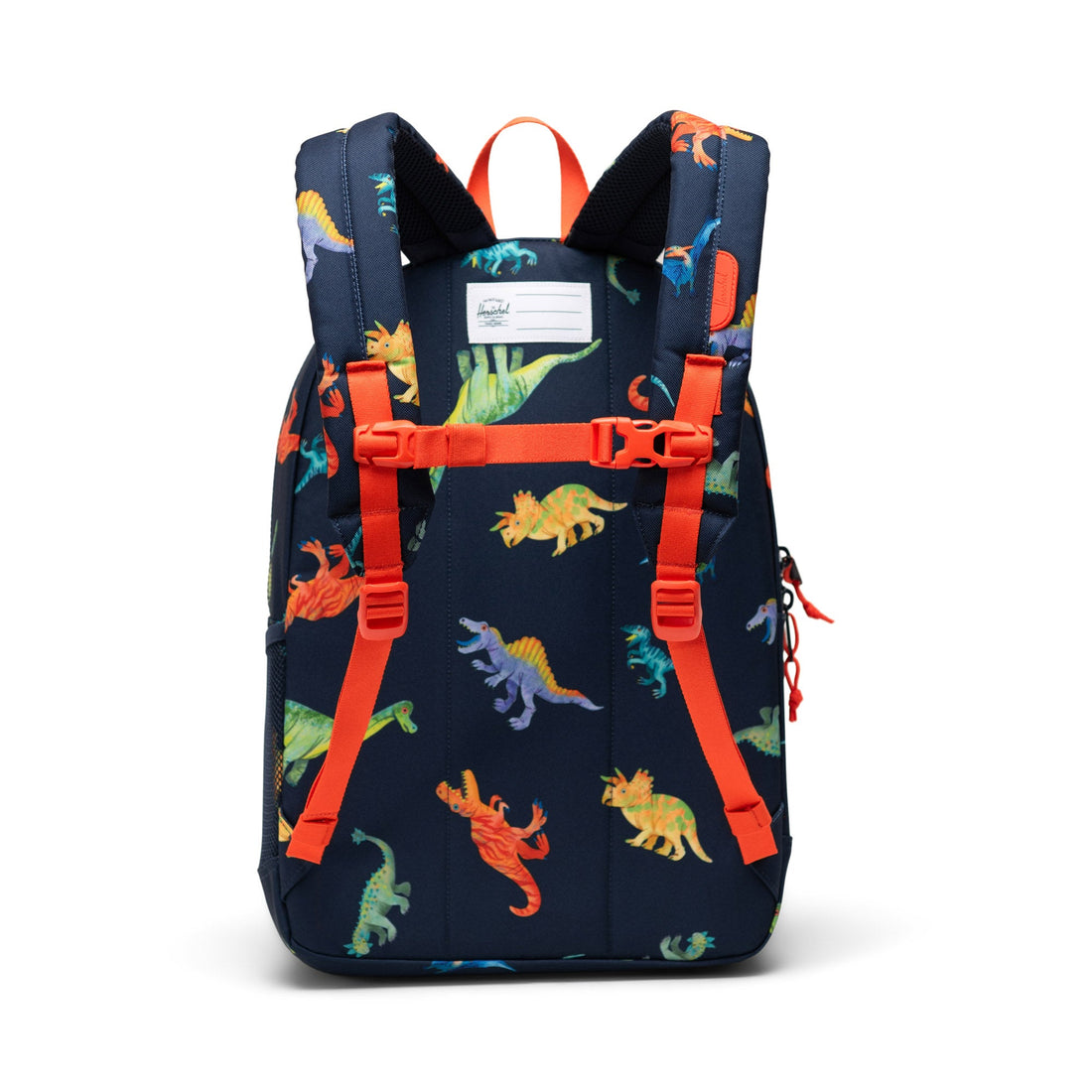Herschel Heritage Youth Backpack in Watercolour Dinos Darkest Navy, rear view with padded shoulder straps.