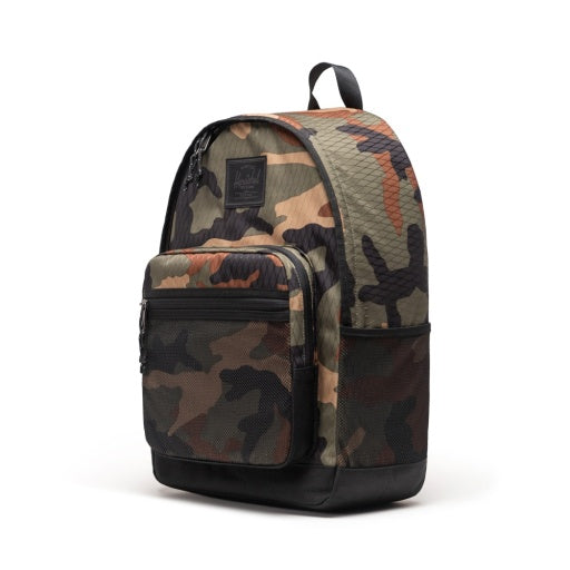 Herschel Kaine Backpack in Woodland Camo Diamond/Black, three-quarter side view.