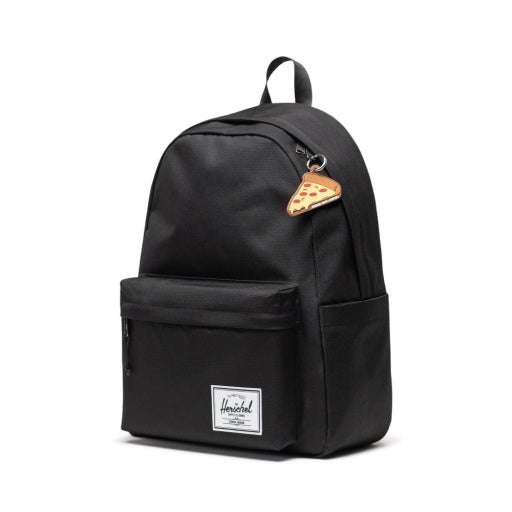 Herschel Pizza Bag Charm in Pepperoni, shown attached to a black backpack.