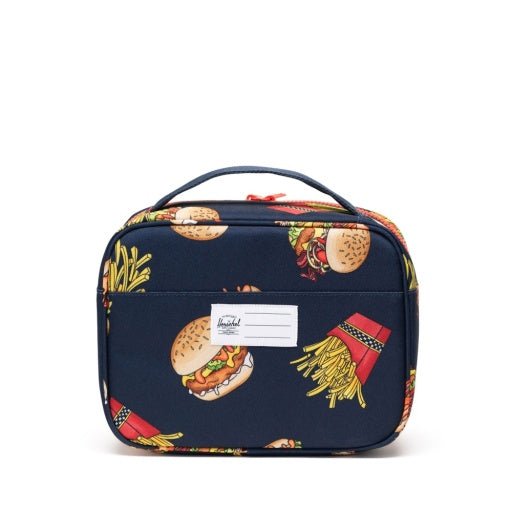 Herschel Pop Quiz Lunch Box Little Herschel in Burgers and Fries, rear view with exterior name label.