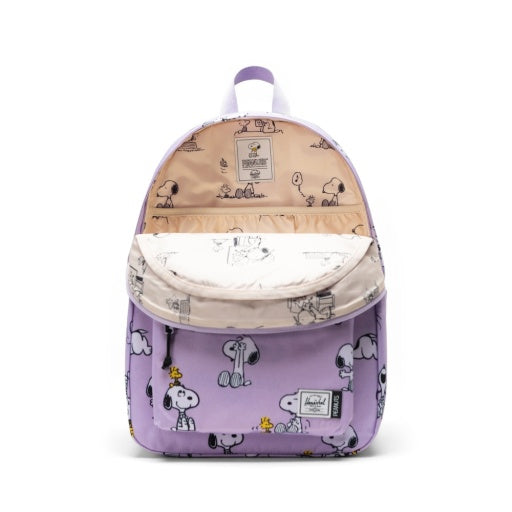 Herschel x Peanuts Classic Backpack in Snoopy and Woodstock Pastel Lc, open main compartment view.
