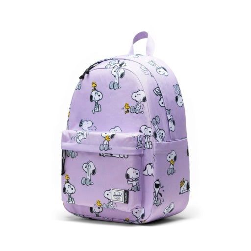 Herschel x Peanuts Classic Backpack in Snoopy and Woodstock Pastel Lc, three-quarter side view.