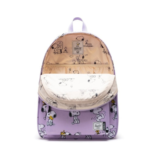 Herschel x Peanuts Classic XL Backpack in Snoopy and Woodstock Pastel Lc, open main compartment view.