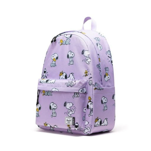 Herschel x Peanuts Classic XL Backpack in Snoopy and Woodstock Pastel Lc, three-quarter side view.