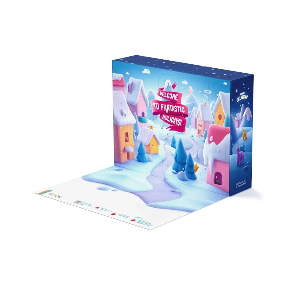 Hey Clay Advent Calendar play dough set in blue festive packaging with a snowy village scene