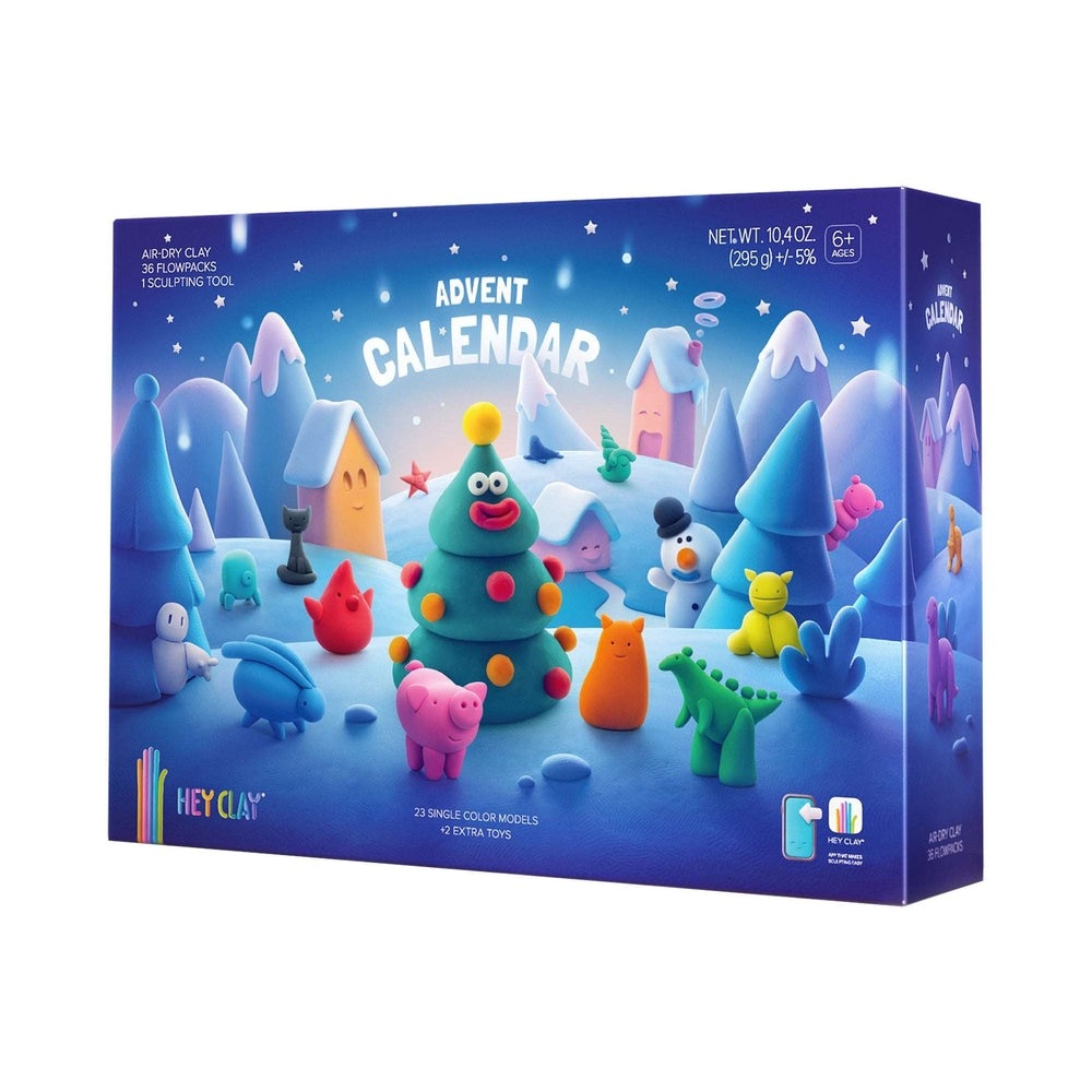 Hey Clay Advent Calendar set in a blue winter scene with colorful clay characters; 23 color models + 2 extra toys