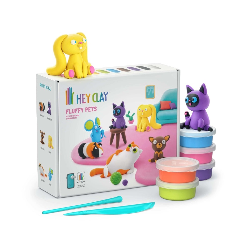 Hey Clay Fluffy Pets play dough set with bright colors, includes yellow bunny and purple cat figures