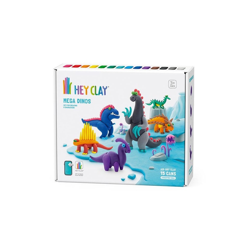 Hey Clay Mega Dinos clay set featuring colorful dinosaur figures and 15 air-dry clay cans