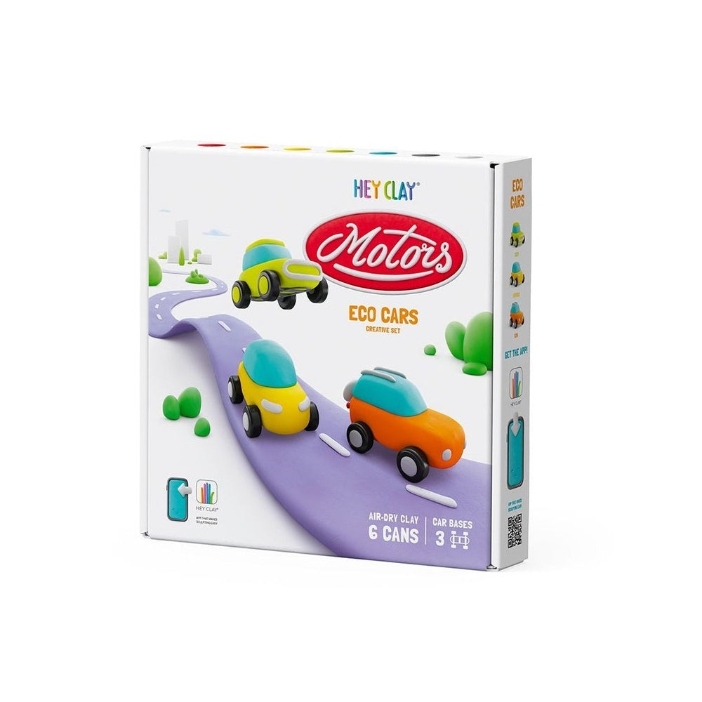 HEY CLAY Motors Eco Cars playset with 6 air-dry clay cans and colorful toy cars