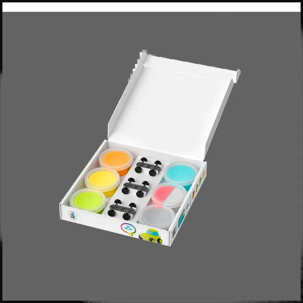 Hey Clay Motors Eco Cars clay set with six colorful pots and tiny wheels for buildable cars