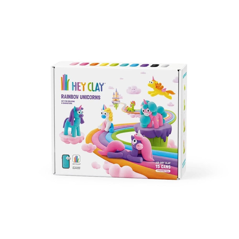 Hey Clay Rainbow Unicorns clay set with 15 cans, colorful unicorn figures on a rainbow track