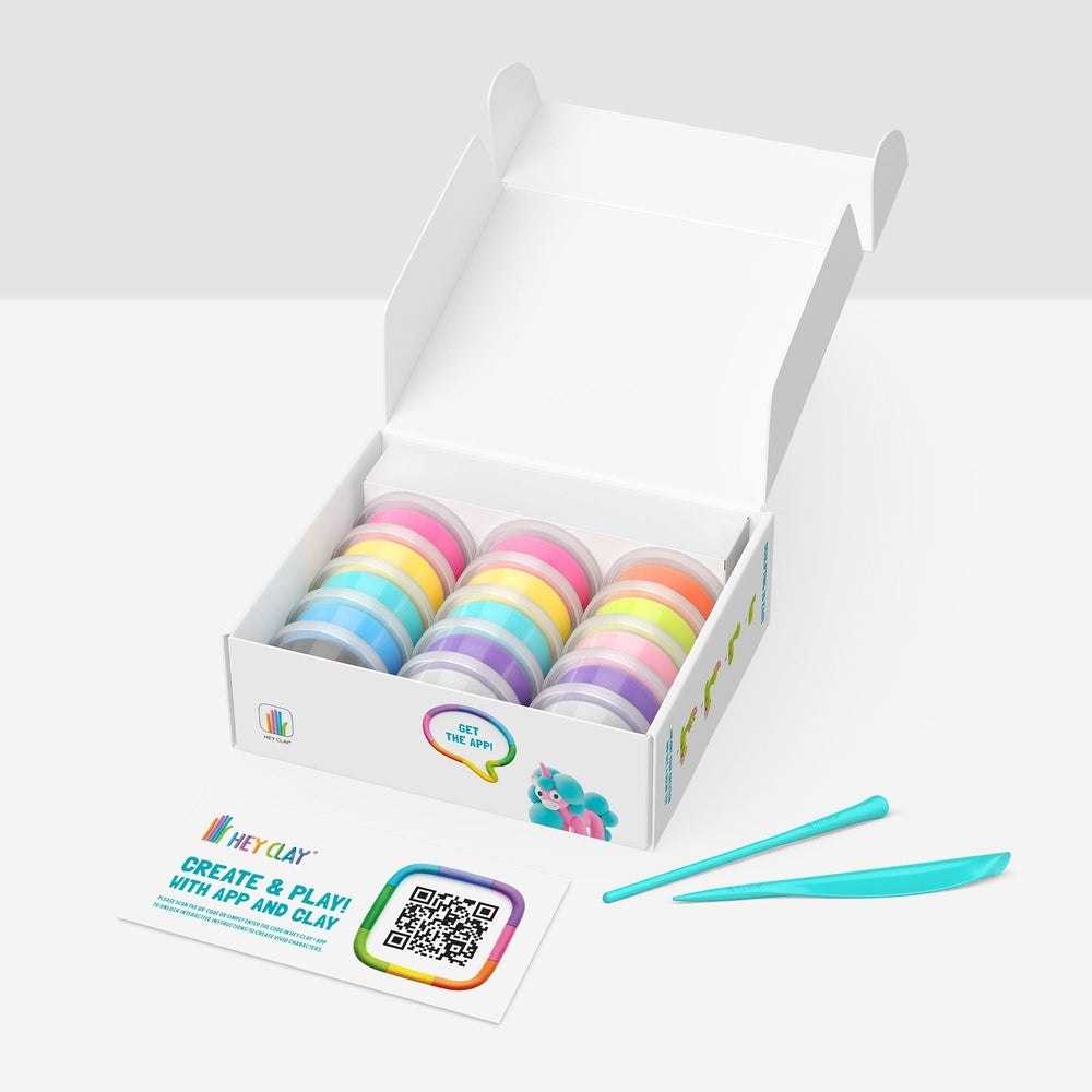 Hey Clay Rainbow Unicorns set with pastel dough pots and blue sculpting tools in a white box