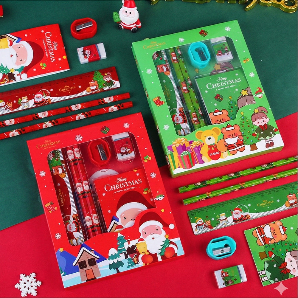 Holiday Joy Kids Stationery Gift Pack by baby enRoute, festive red/green set with pencils, rulers, erasers and sharpener in Christmas boxes.
