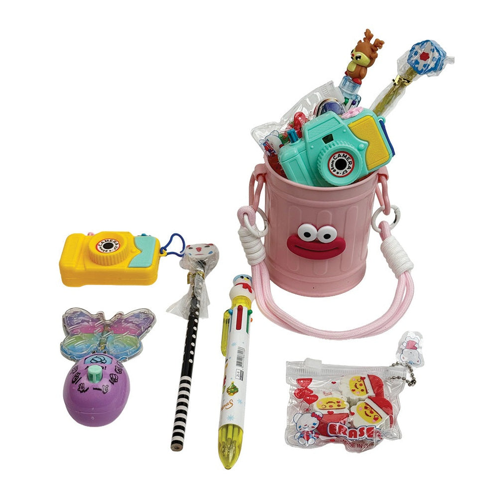 Holiday Stationery Gift Basket by Baby enRoute, pink bucket overflowing with colorful pens, toys and accessories.