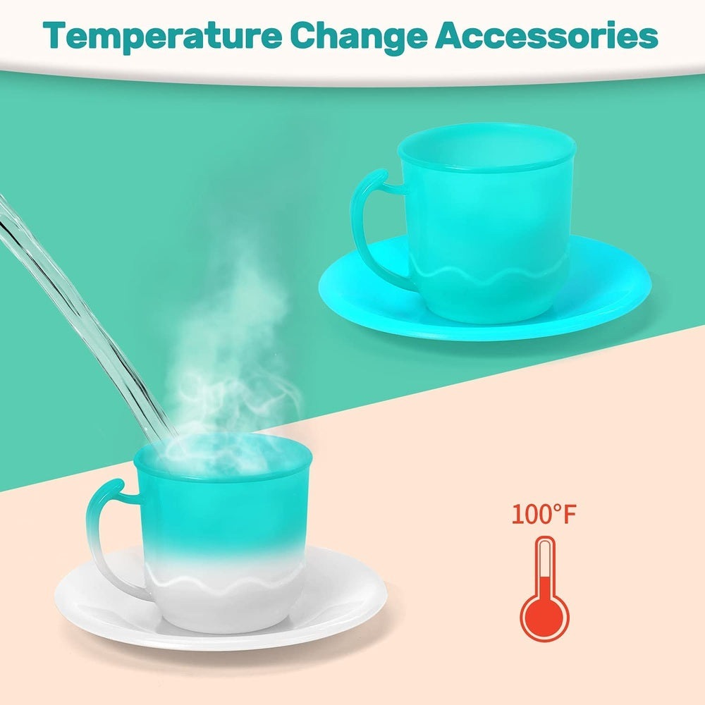 Holy Fun Kids grill playset turquoise cup and saucer with steam and 100F thermometer icon