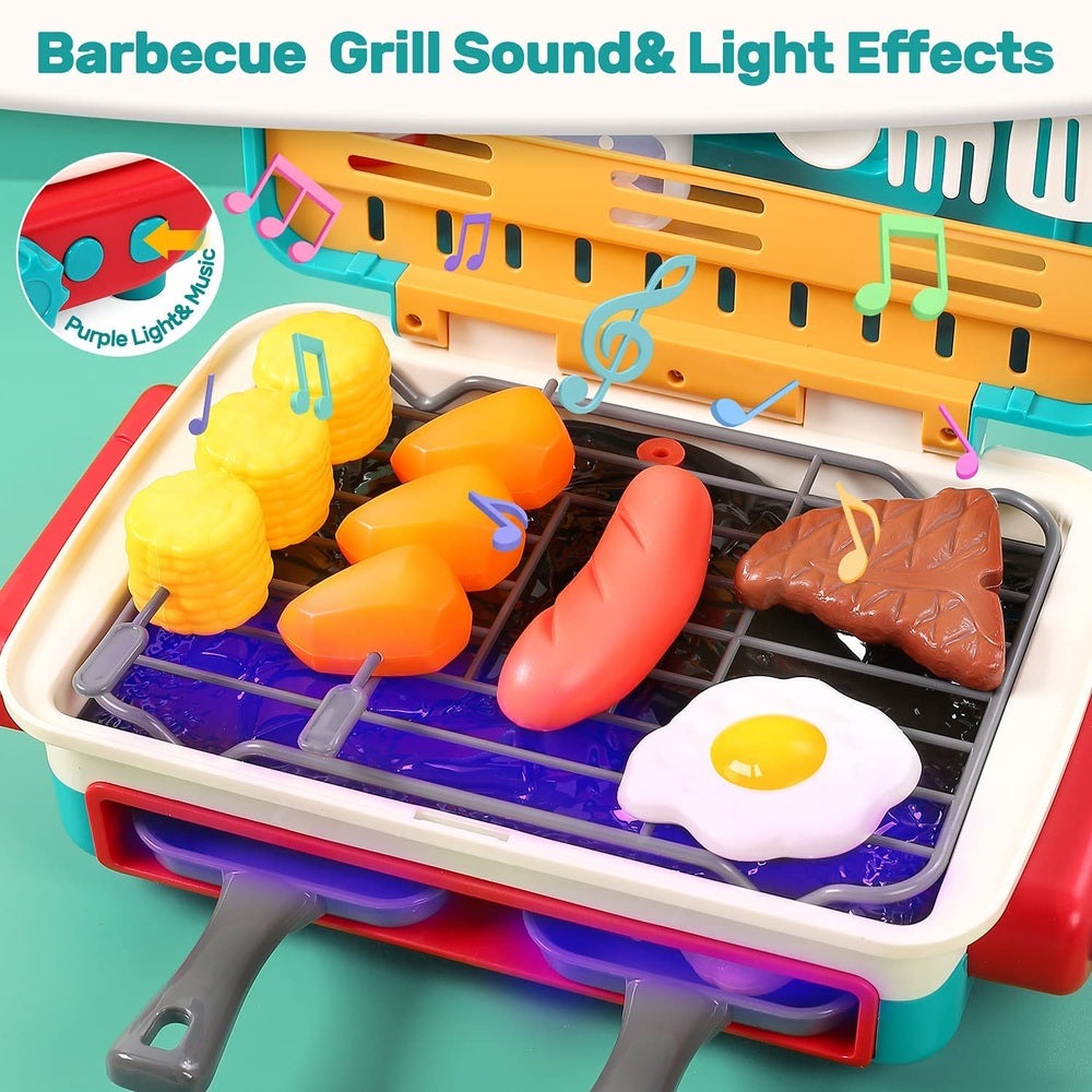 Holy Fun Kids Grill Playset with colorful plastic corn, sausages, egg and steak on a toy grill