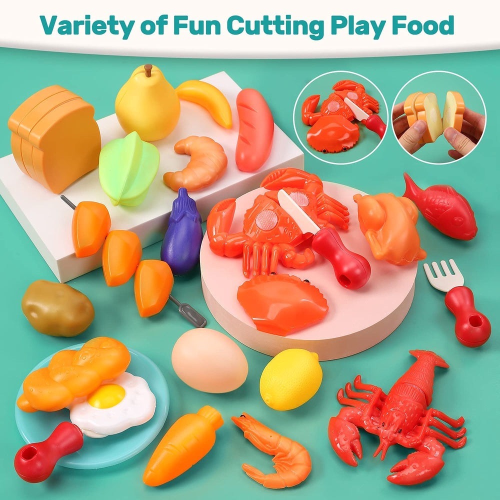 Holy Fun Kids Grill Playset featuring bright orange and red toy foods, crustaceans and utensils