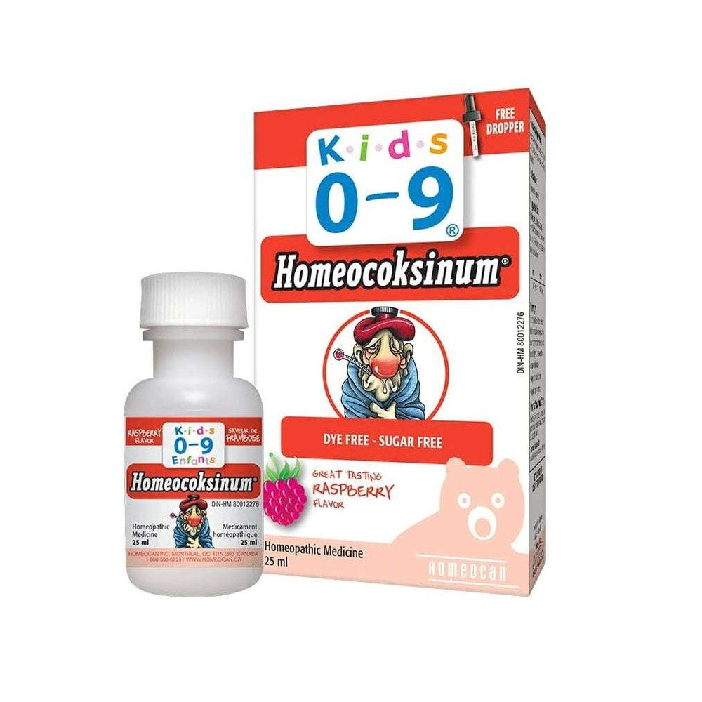 Homeocan Homeocoksinum Kids 0-9 raspberry flavor, 25 ml bottle and box