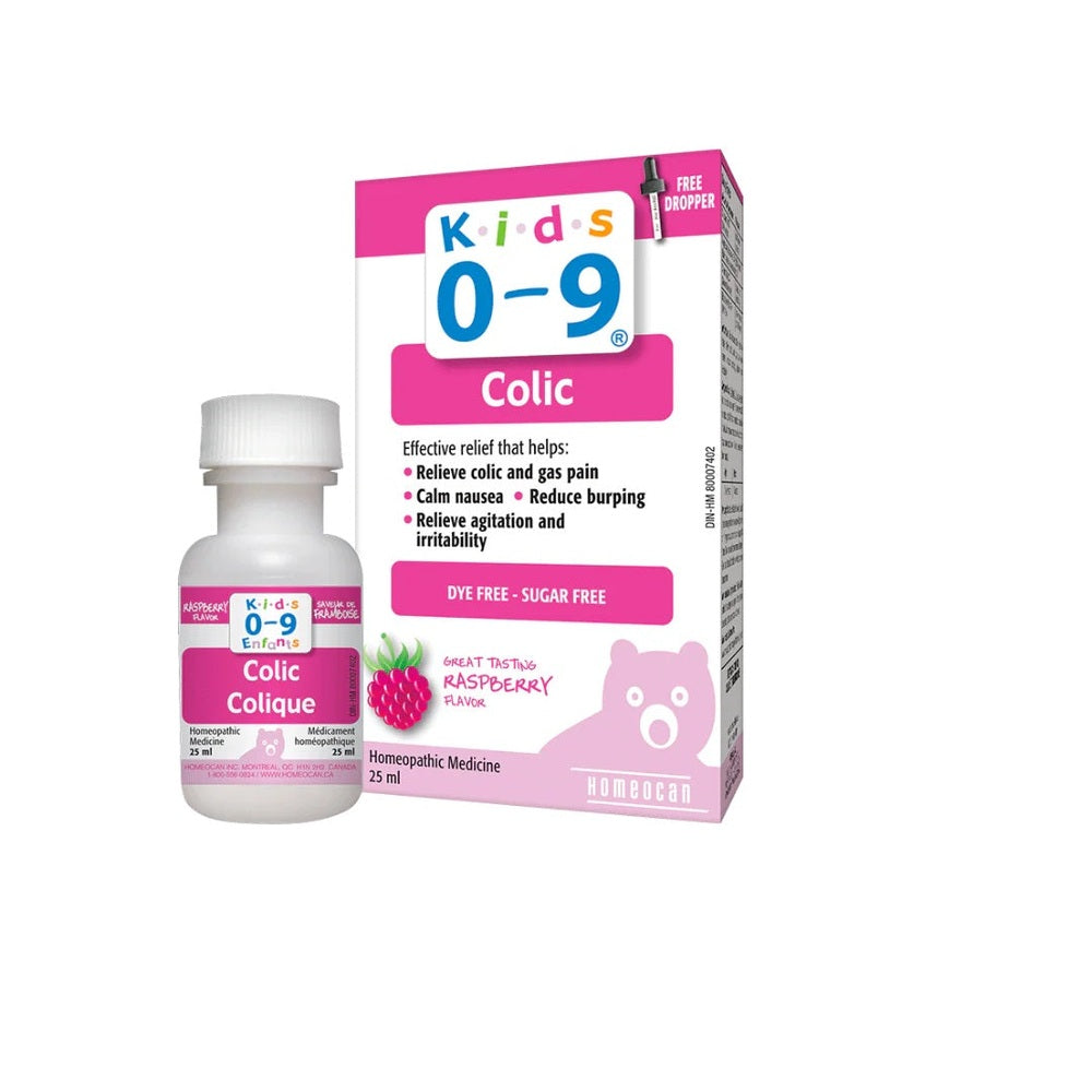 Homeocan Kids 0-9 Colic raspberry oral solution, 25 ml bottle with pink box, dye-free and sugar-free.