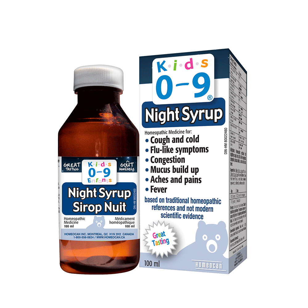 Homeocan Kids 0-9 Night Syrup bottle and box, 100 ml pediatric cough remedy