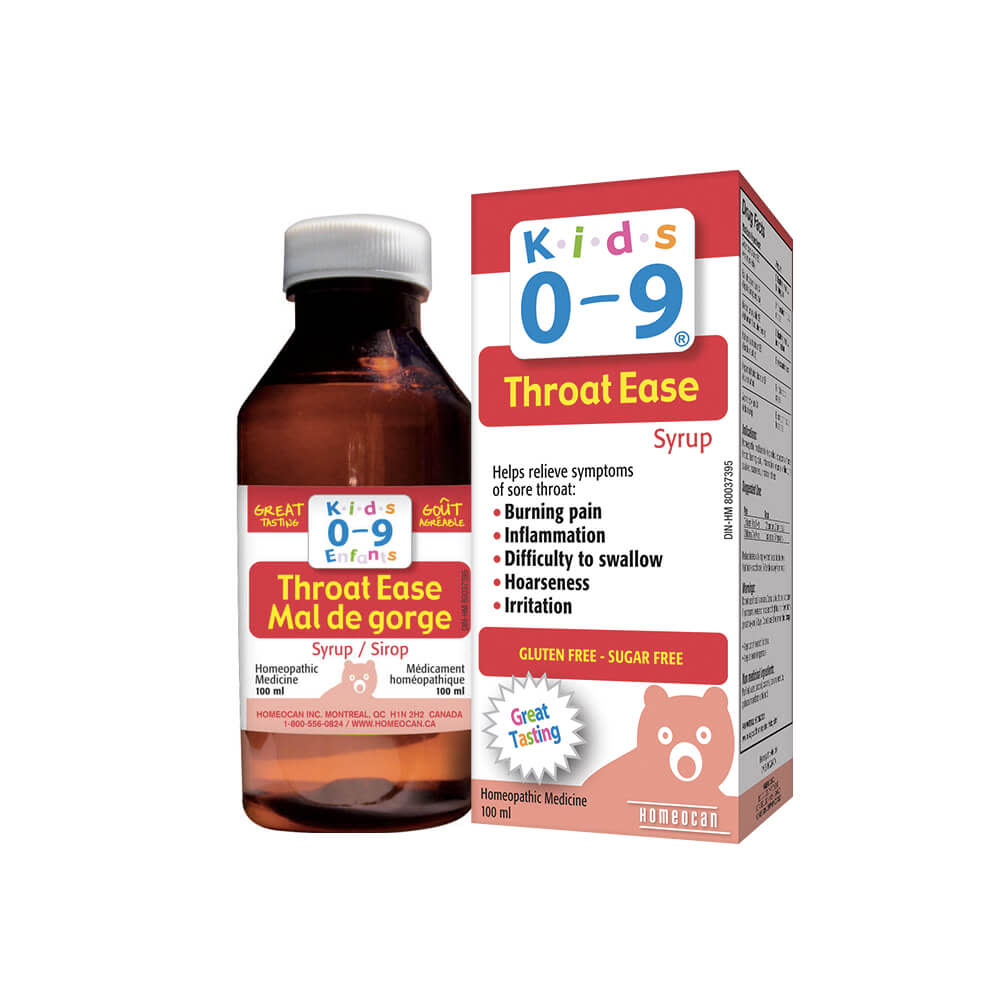 Homeocan Kids 0-9 Throat Ease Syrup, 100 ml bottle with red-and-white box; gluten-free, sugar-free
