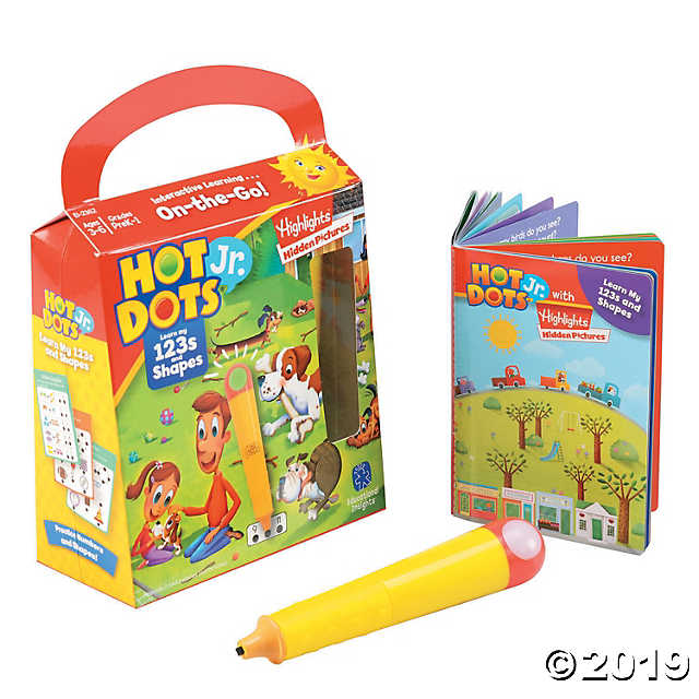 Hot Dots Jr. educational kit with colorful box, accompanying book, and bright yellow pen