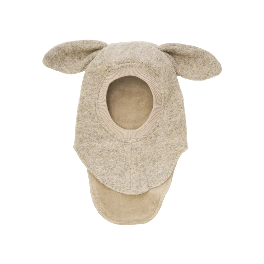 Balaclava hood by HUTTELIHUT in brown sand melange wool with ear flaps for babies