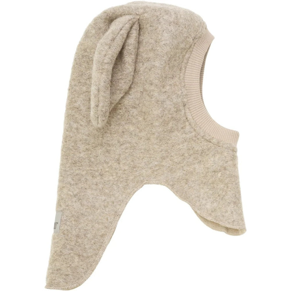Balaclava hood for babies in beige-brown melange wool with ear flaps (HUTTELIHUT)