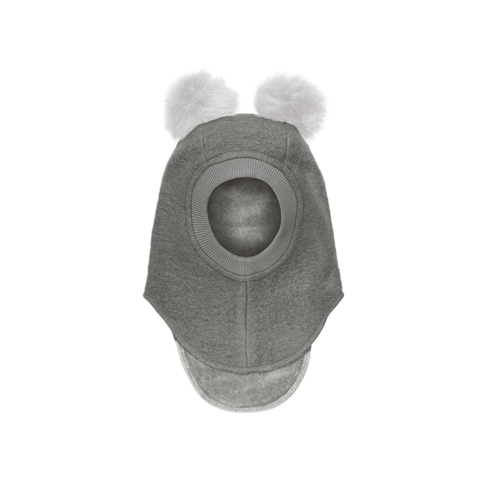 Huttelihut balaclava hood in grey melange wool alpaca with plush pompom ears