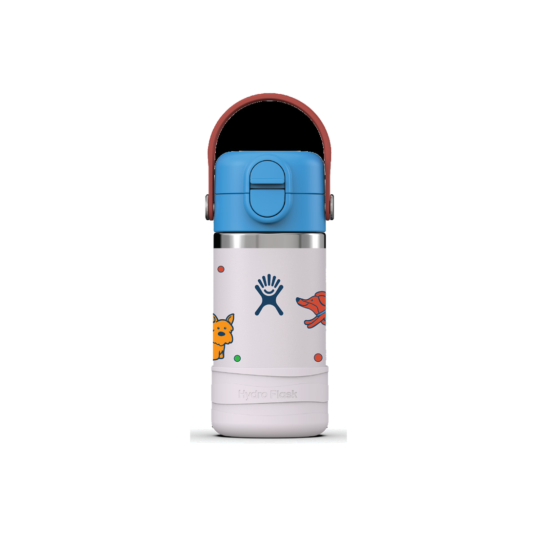 Hydro Flask Kids 12 oz Wide Mouth Bottle With Covered Straw Cap And Boot – Bow Wow Pink front view