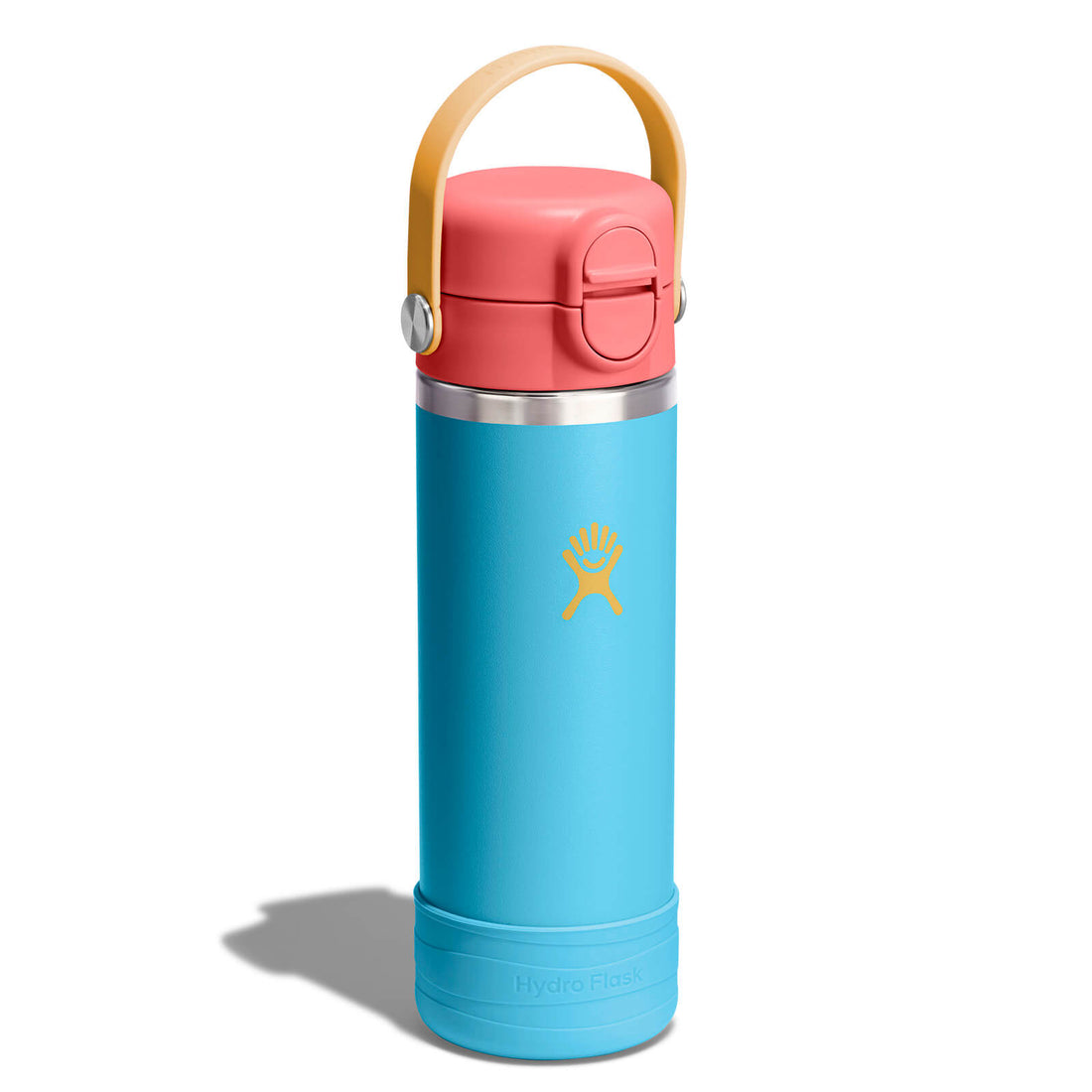 Hydro Flask Kids 18 oz Wide Mouth Bottle With Covered Straw Cap And Boot – Bluejay angled view