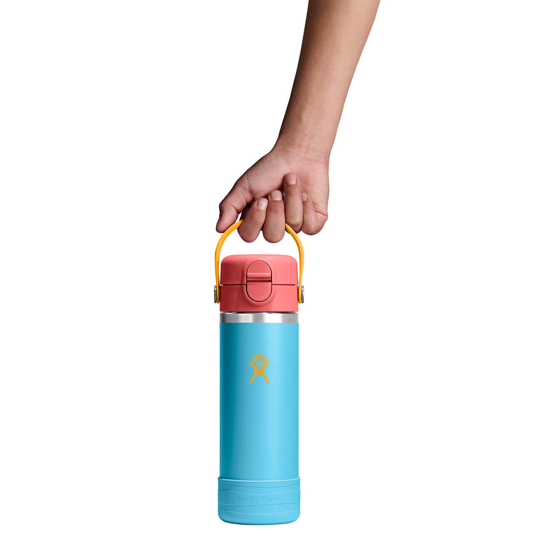 Hydro Flask Kids 18 oz Wide Mouth Bottle With Covered Straw Cap And Boot – Bluejay handle and boot detail