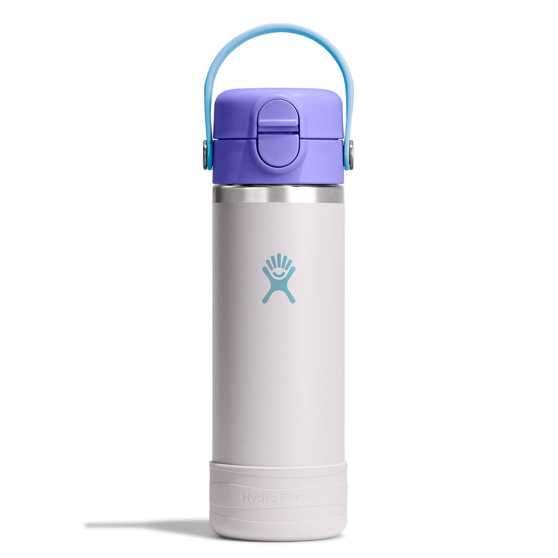Hydro Flask Kids 18 oz Wide Mouth Bottle With Covered Straw Cap And Boot – Cloud Pink front view