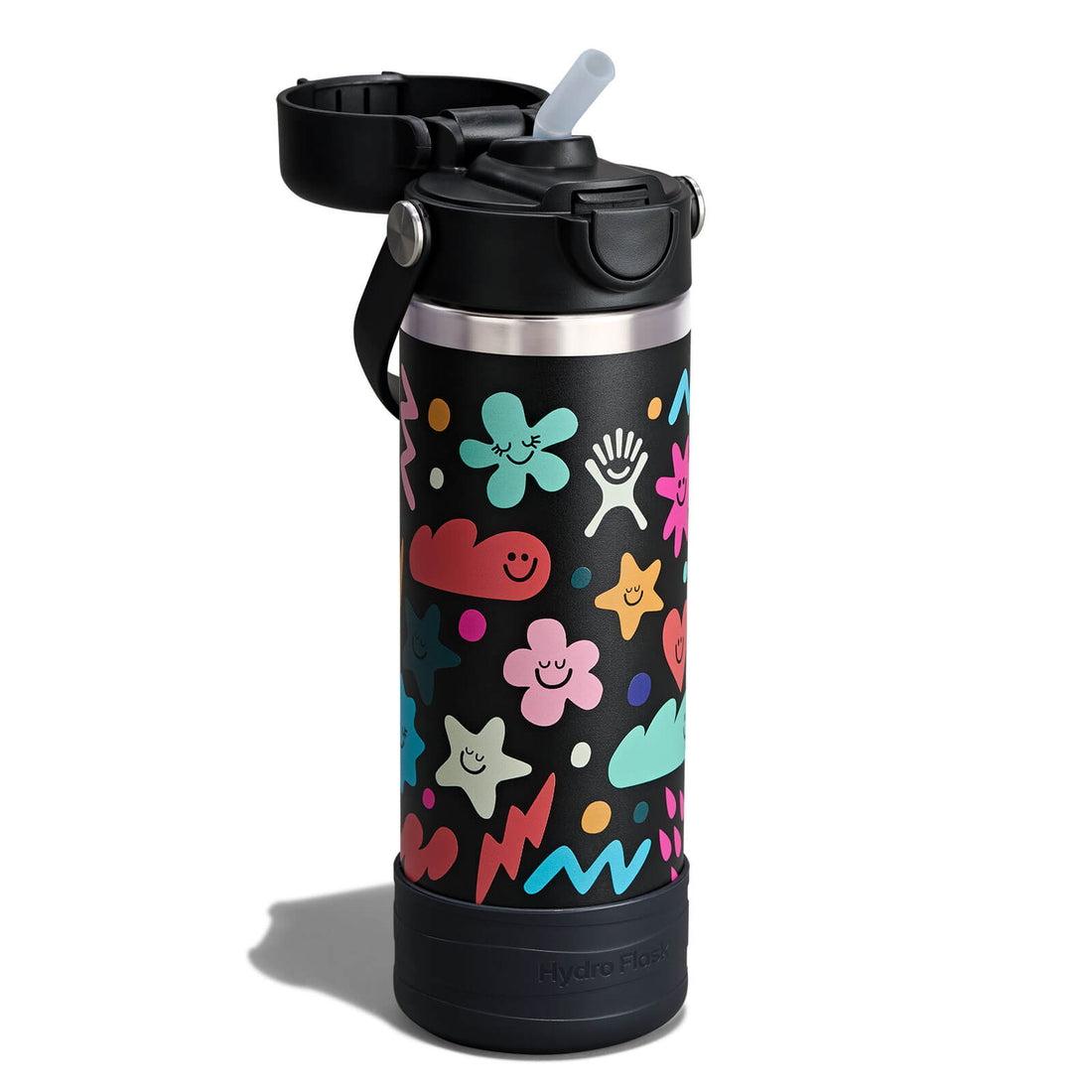Hydro Flask Kids 18 oz Wide Mouth Bottle With Covered Straw Cap And Boot – Daydream Black angled view with covered cap open