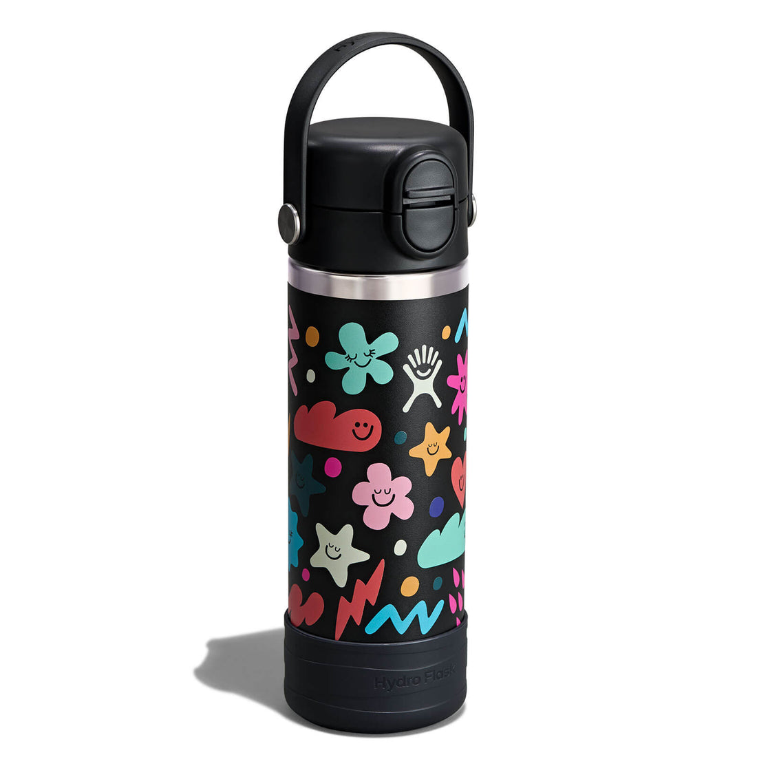 Hydro Flask Kids 18 oz Wide Mouth Bottle With Covered Straw Cap And Boot – Daydream Black angled view